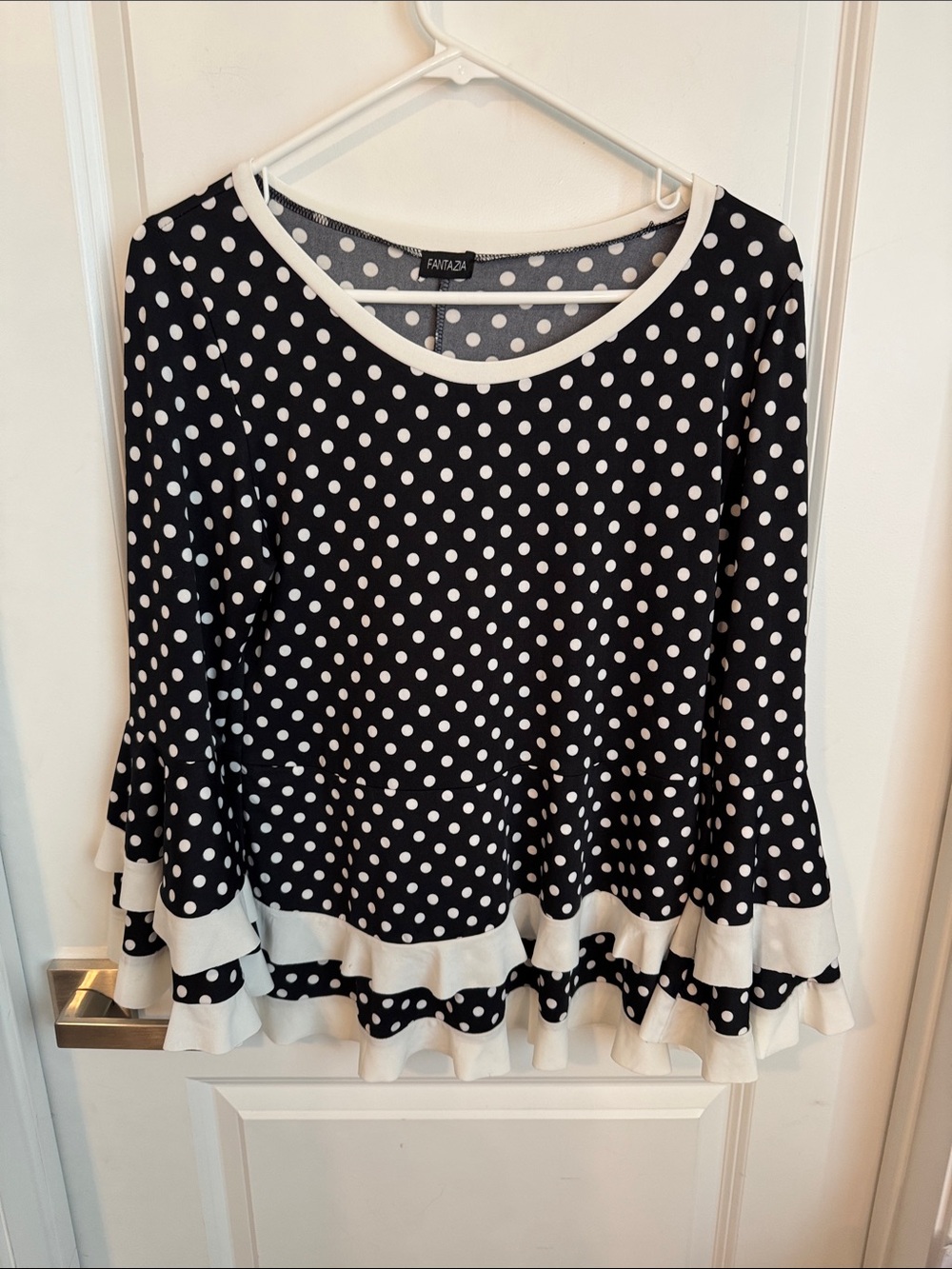 FAWTAZA Black & White Polka Dot Ruffle Hem Tunic